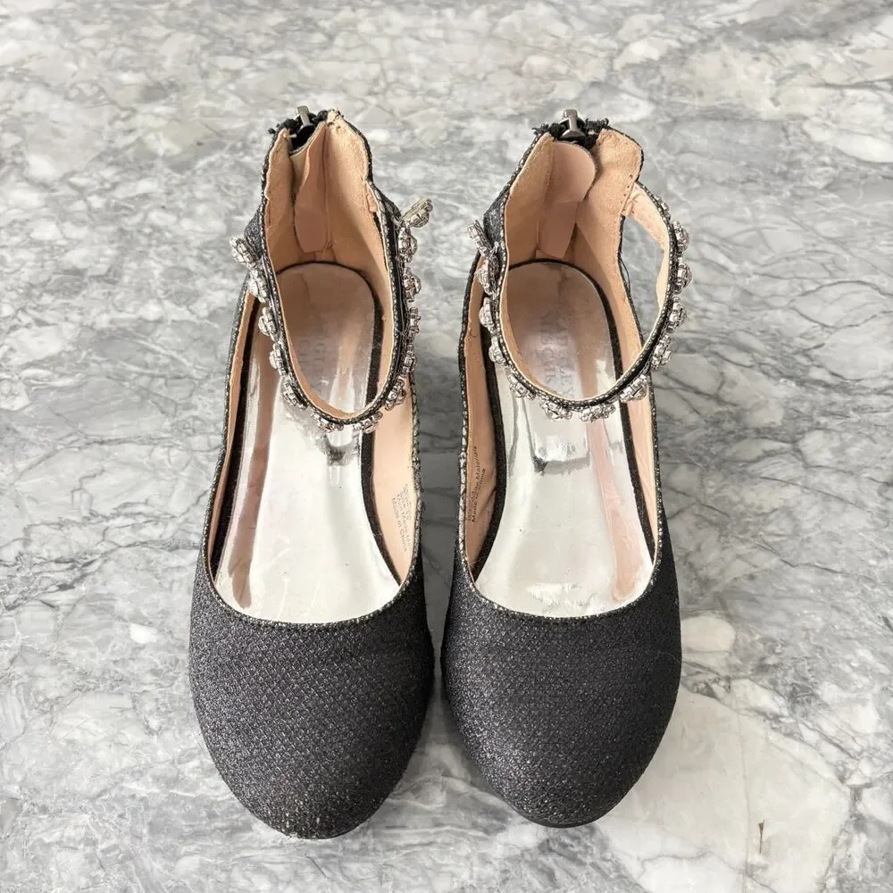 Badgley Mischka Ankle Strap Embellished Girls' Glitter Pump Shoes Black Size 13